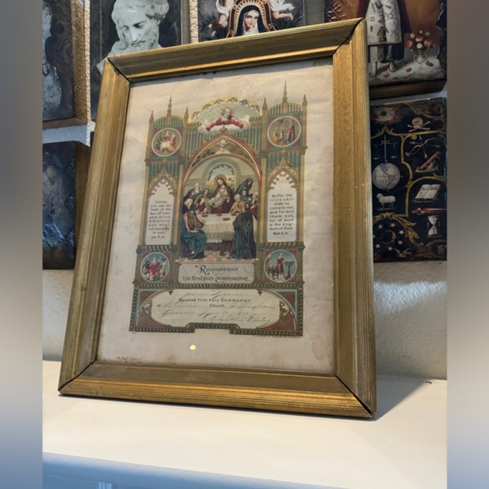 Antique Framed‎ First Communion Certificate Circa 1900